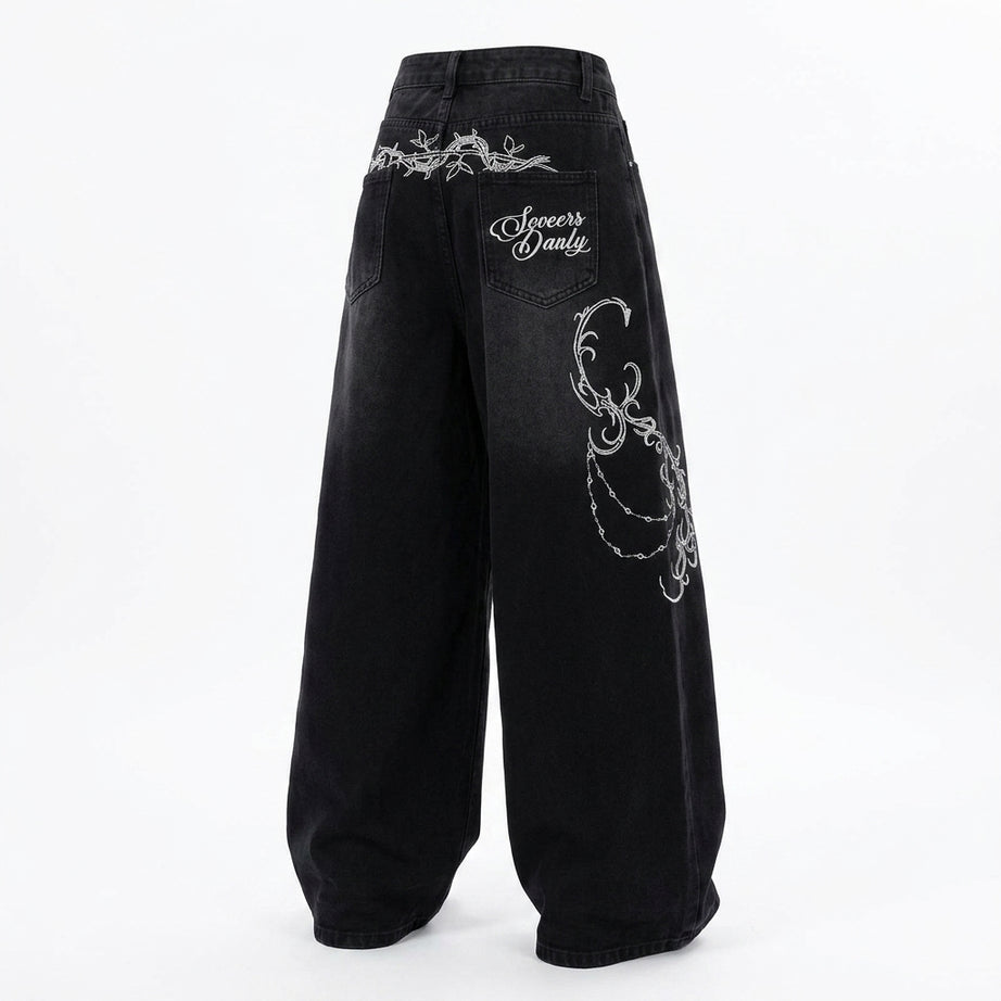 Goth Y2K Scroll Embroidered Jeans