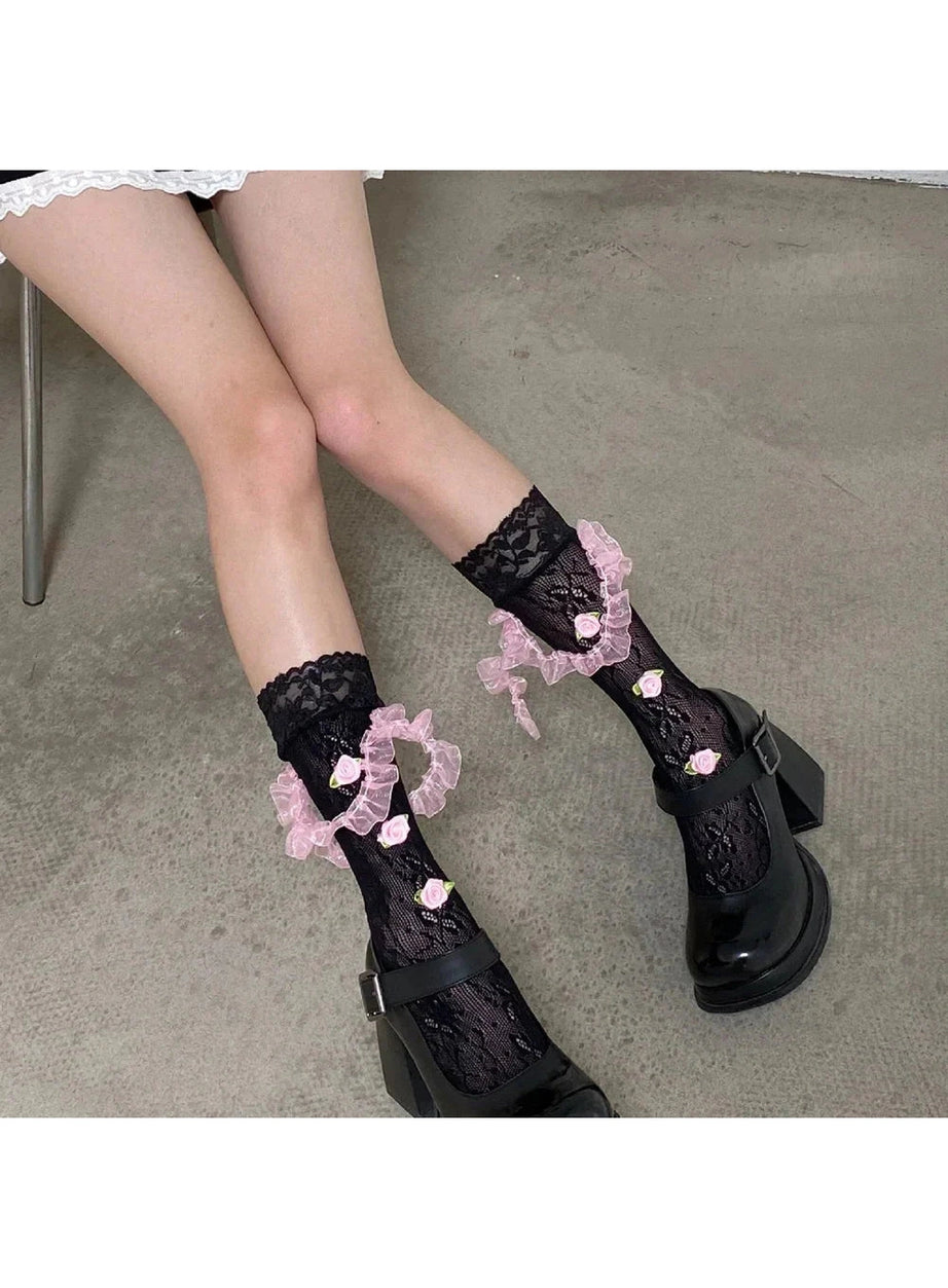 Y2k Medium Tube Rose Lace Socks