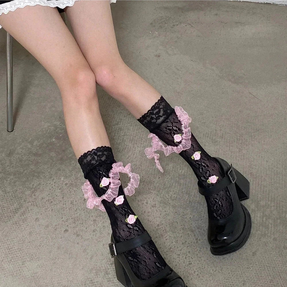 Y2k Medium Tube Rose Lace Socks