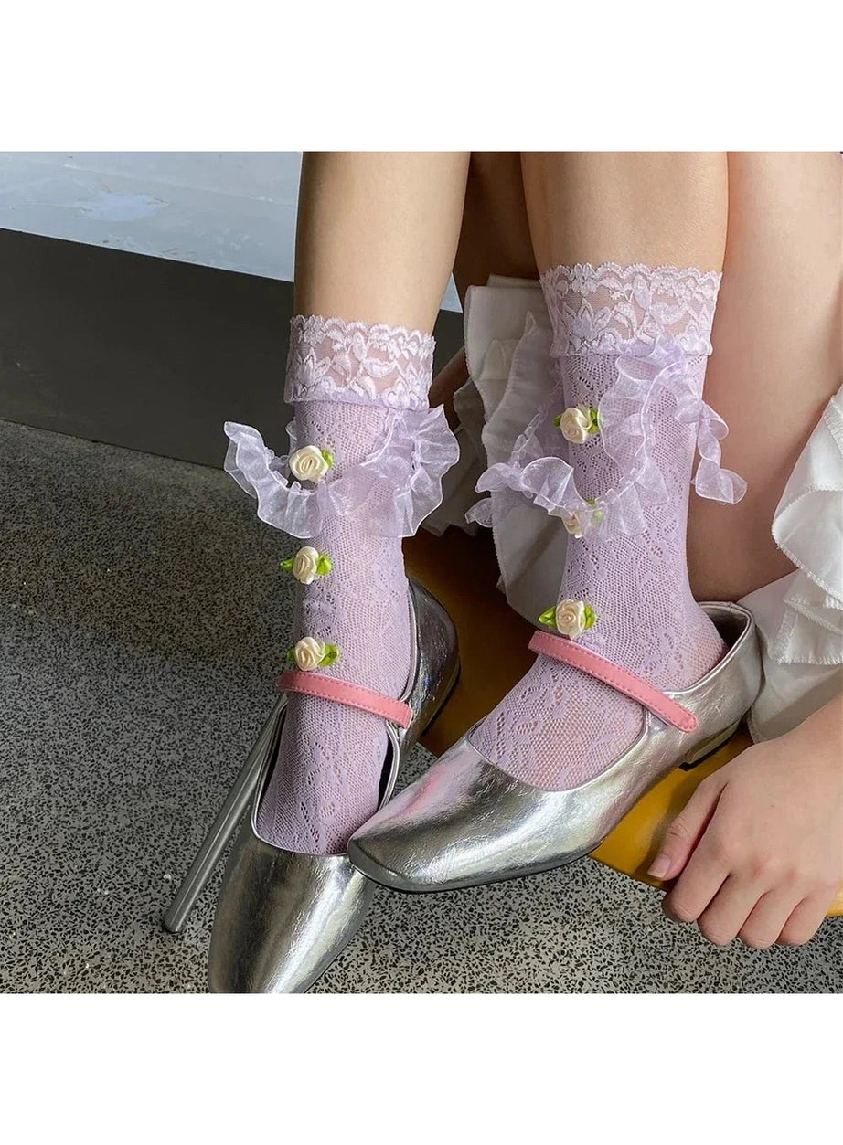Y2k Medium Tube Rose Lace Socks