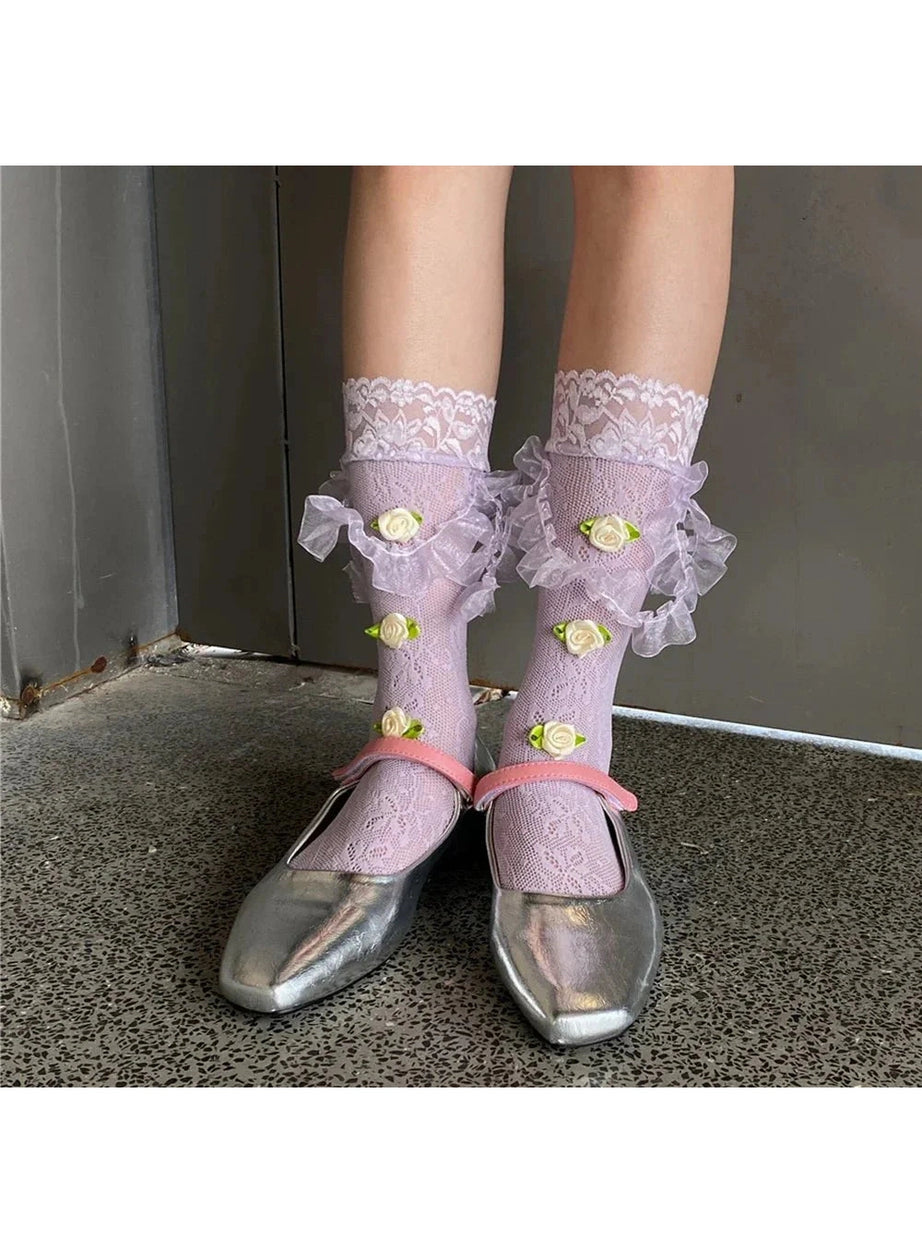 Y2k Medium Tube Rose Lace Socks