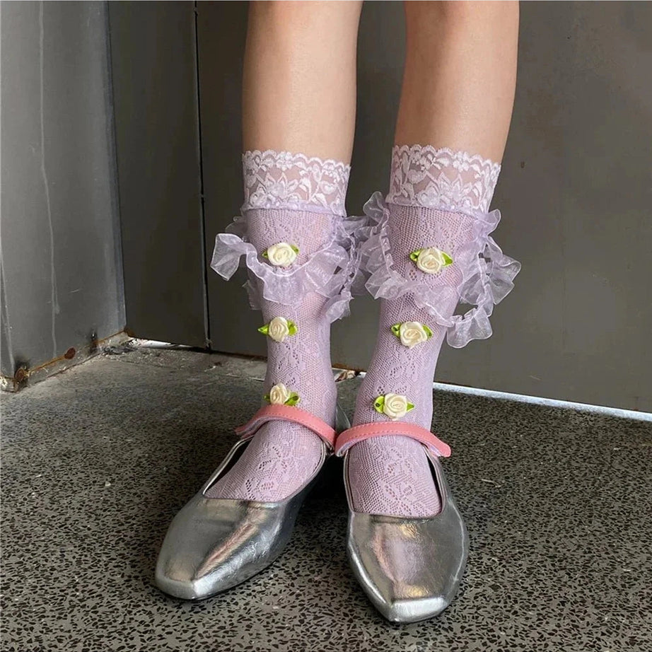 Y2k Medium Tube Rose Lace Socks
