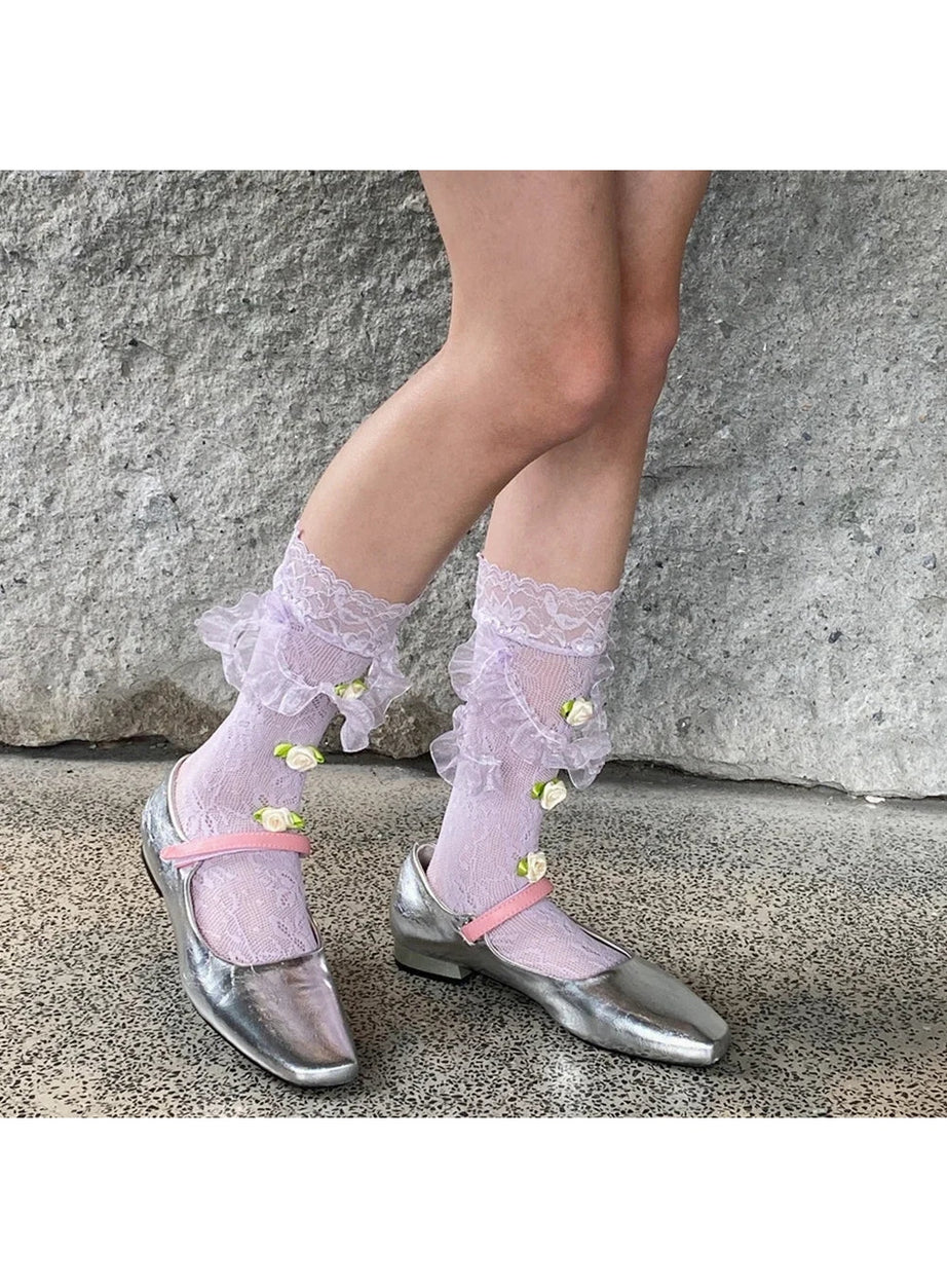 Y2k Medium Tube Rose Lace Socks