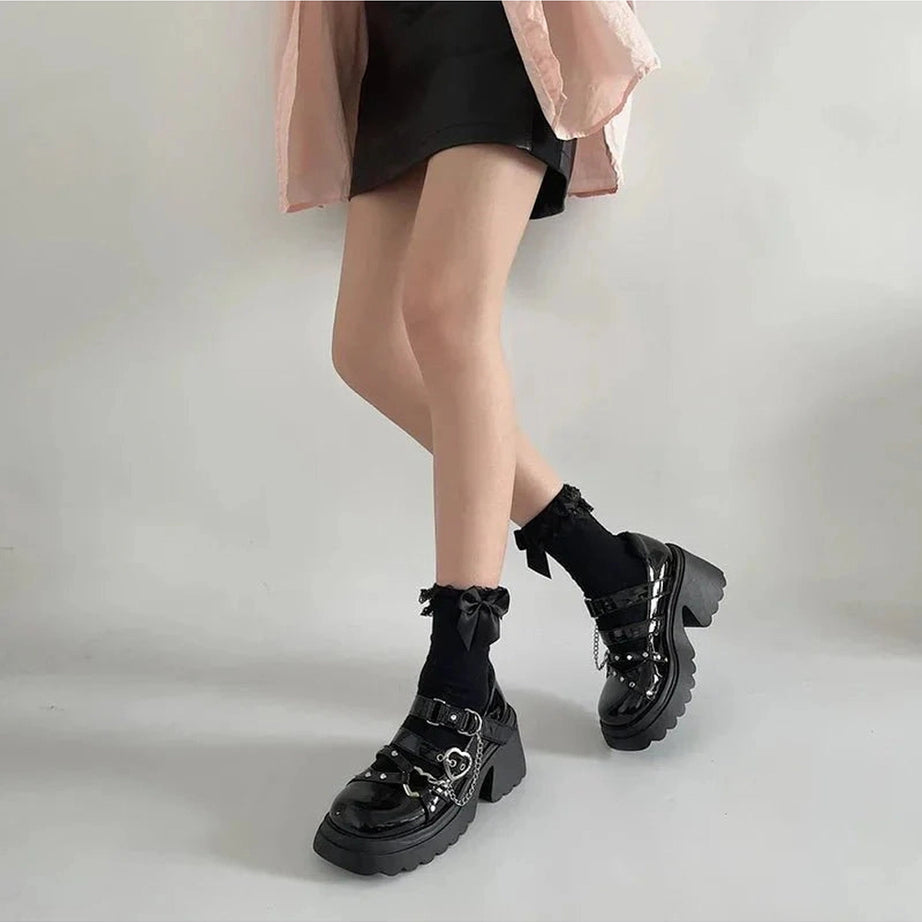 Y2k Midnight Heart Chain Platform Shoes