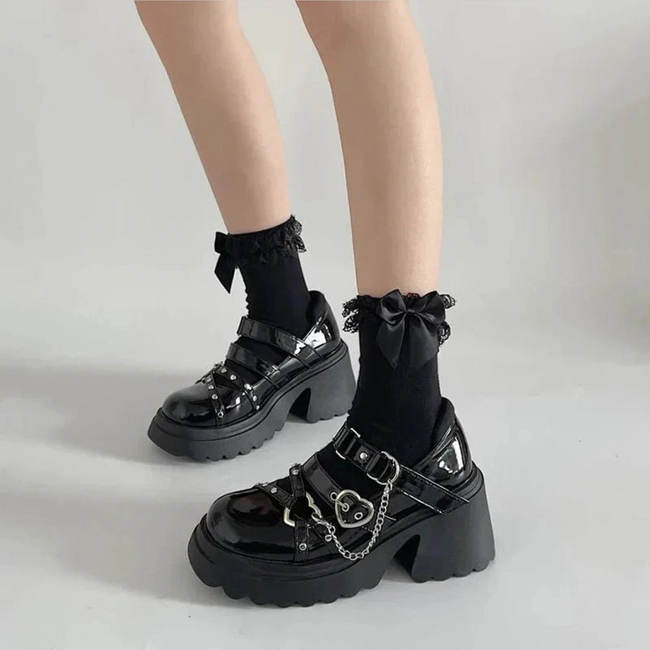 Y2k Midnight Heart Chain Platform Shoes
