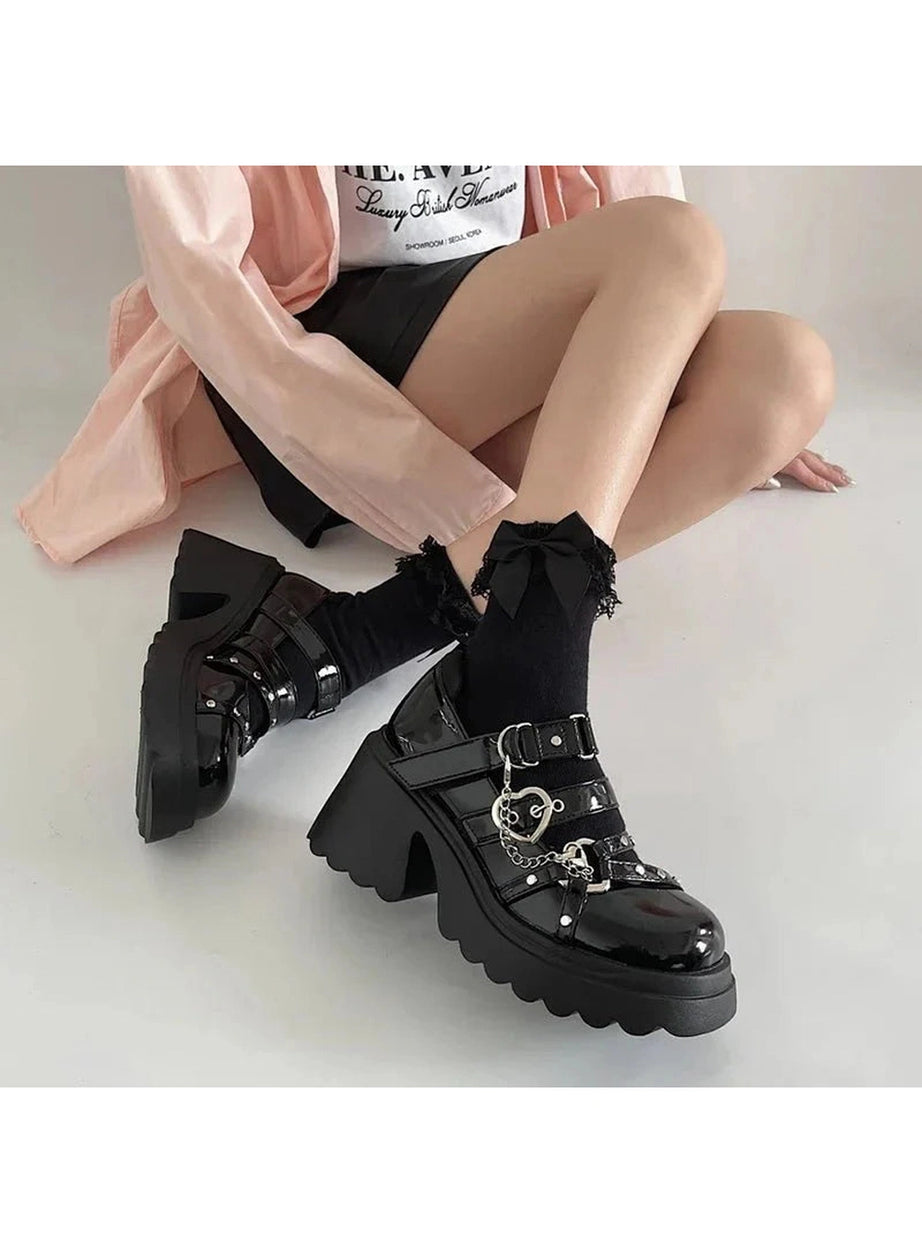Y2k Midnight Heart Chain Platform Shoes