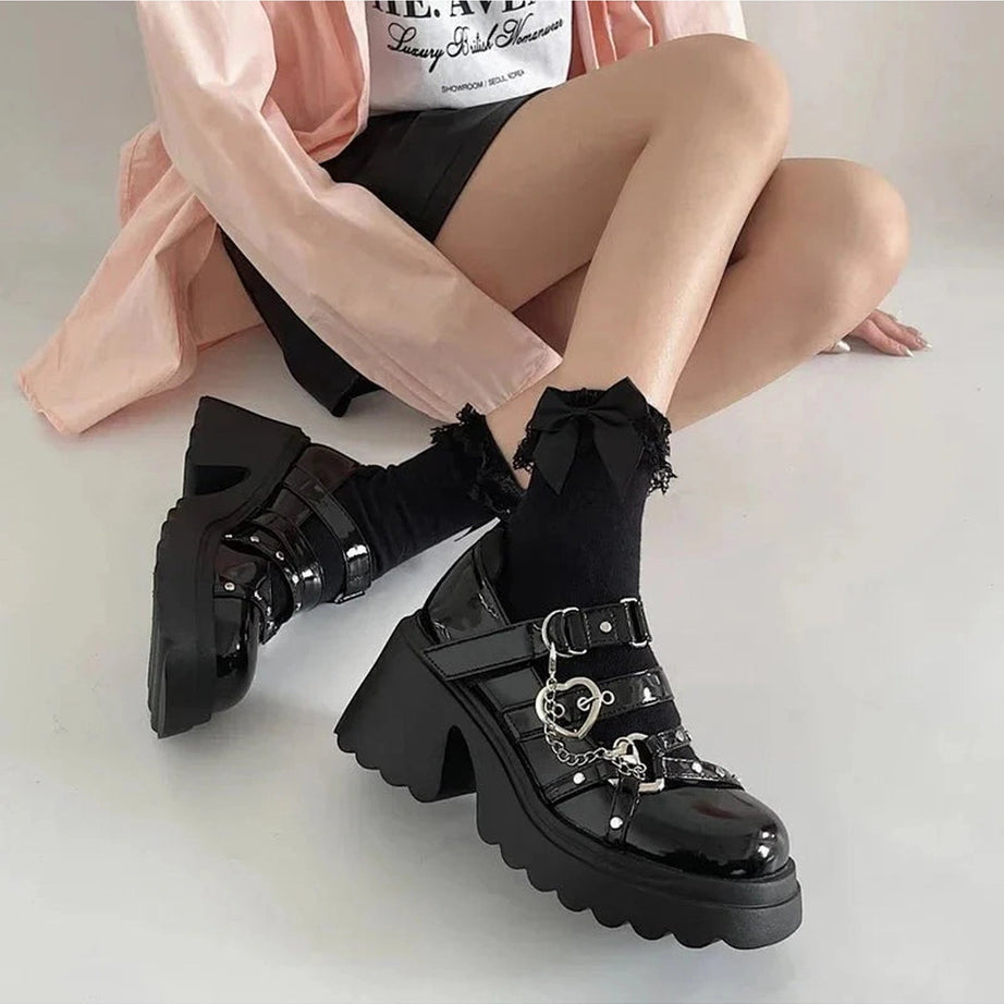 Y2k Midnight Heart Chain Platform Shoes
