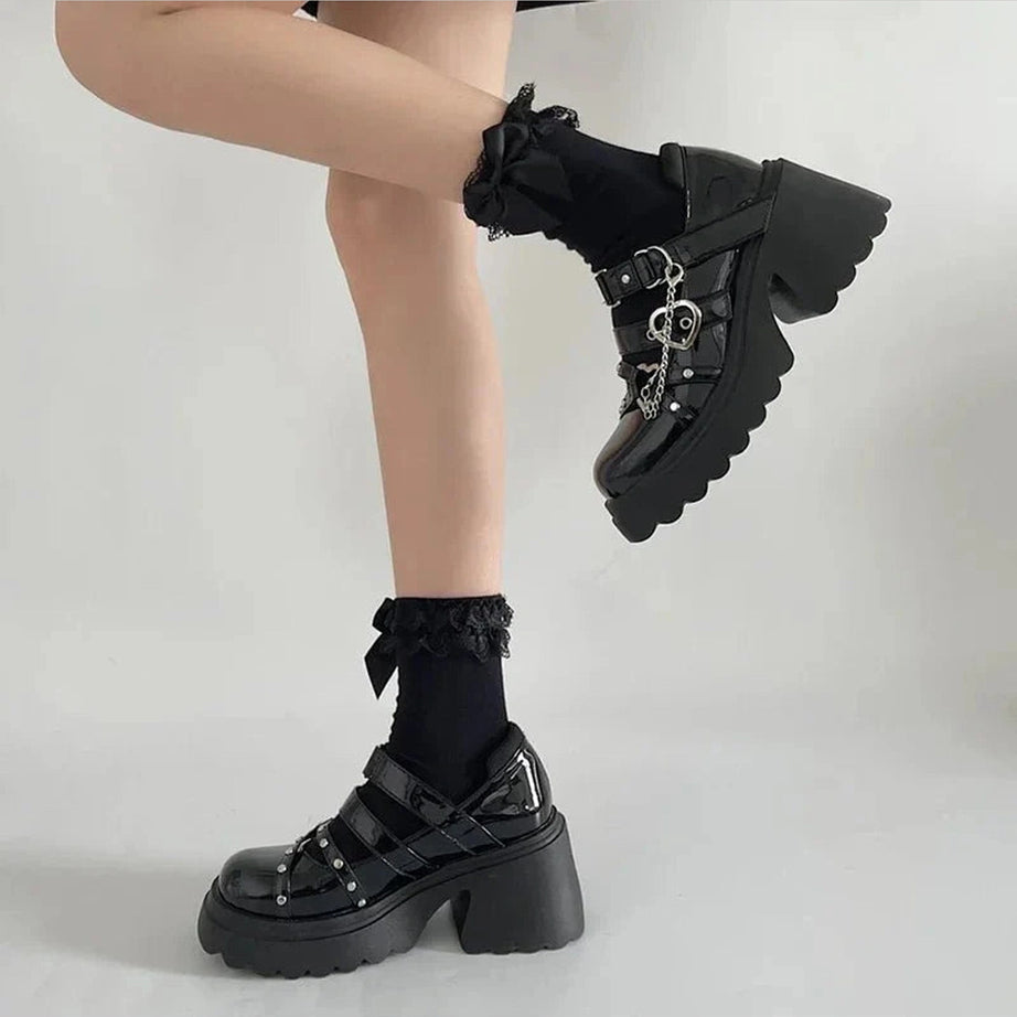 Y2k Midnight Heart Chain Platform Shoes