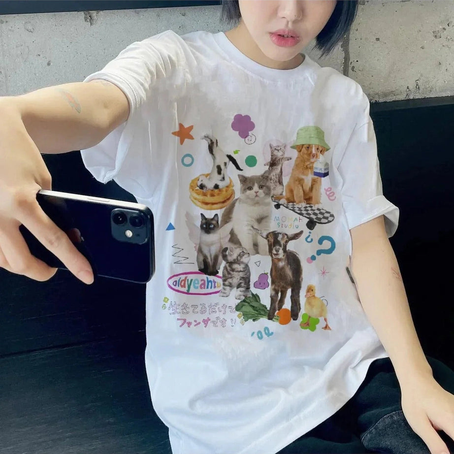 Y2k Milk Cat Graphic Oversized Women's T-shirt