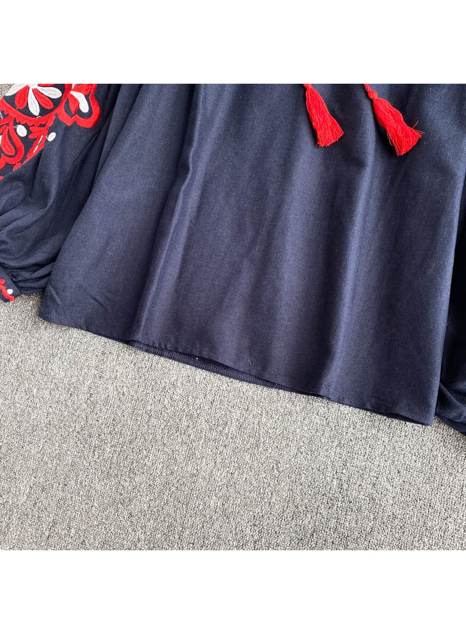 Y2k National Style Embroidered Lace-Up Blouse