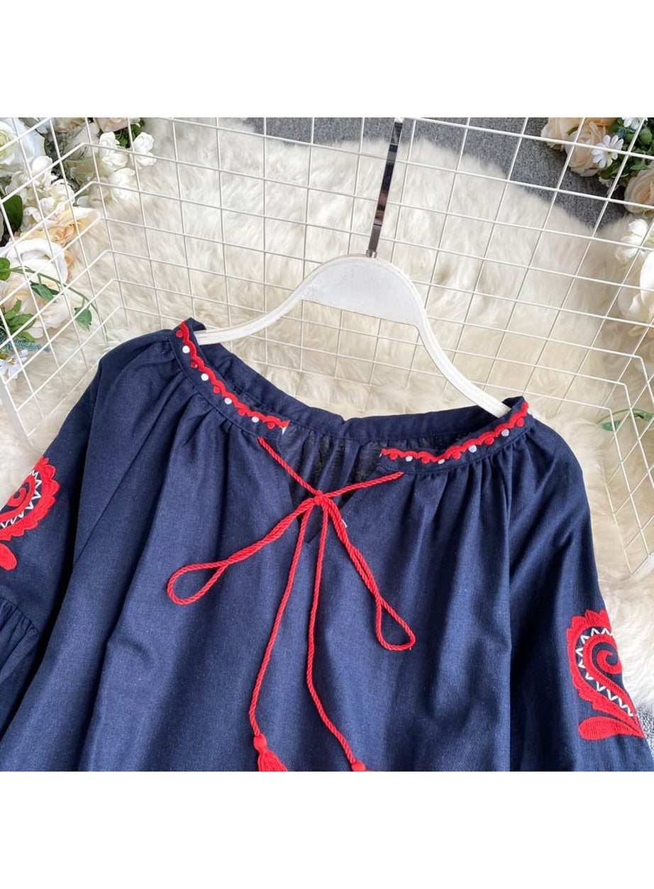 Y2k National Style Embroidered Lace-Up Blouse