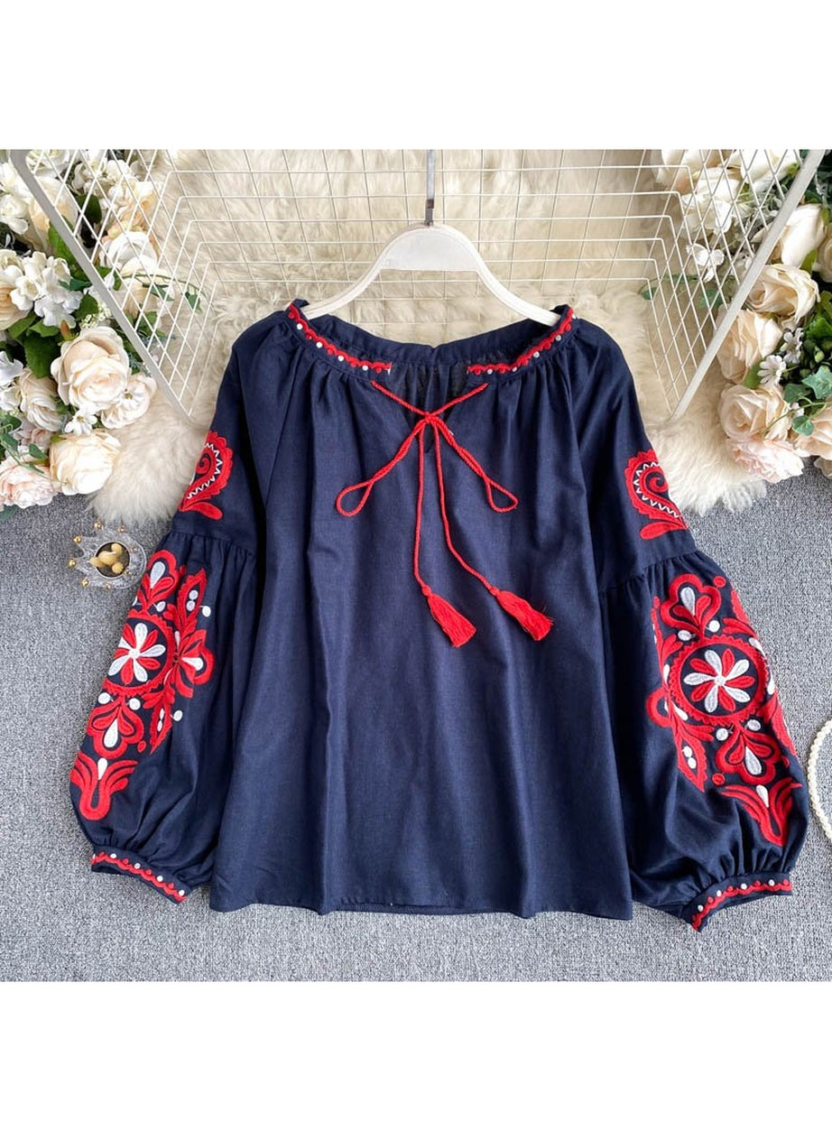 Y2k National Style Embroidered Lace-Up Blouse