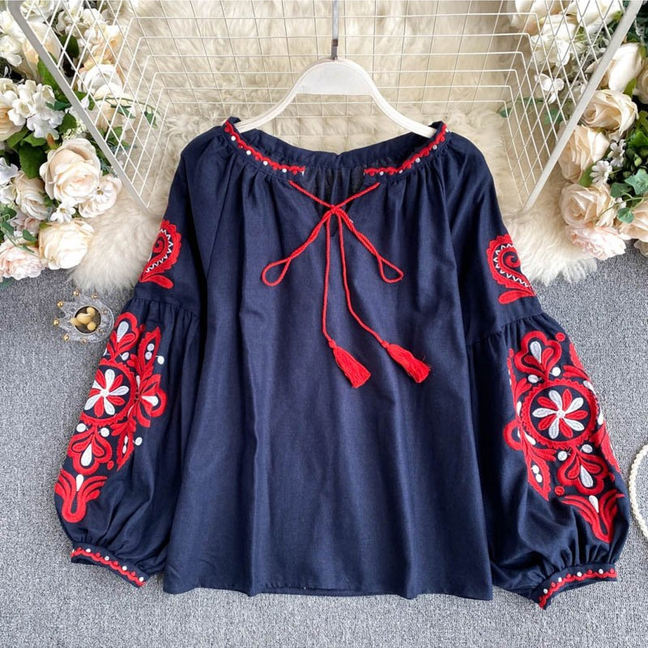 Y2k National Style Embroidered Lace-Up Blouse
