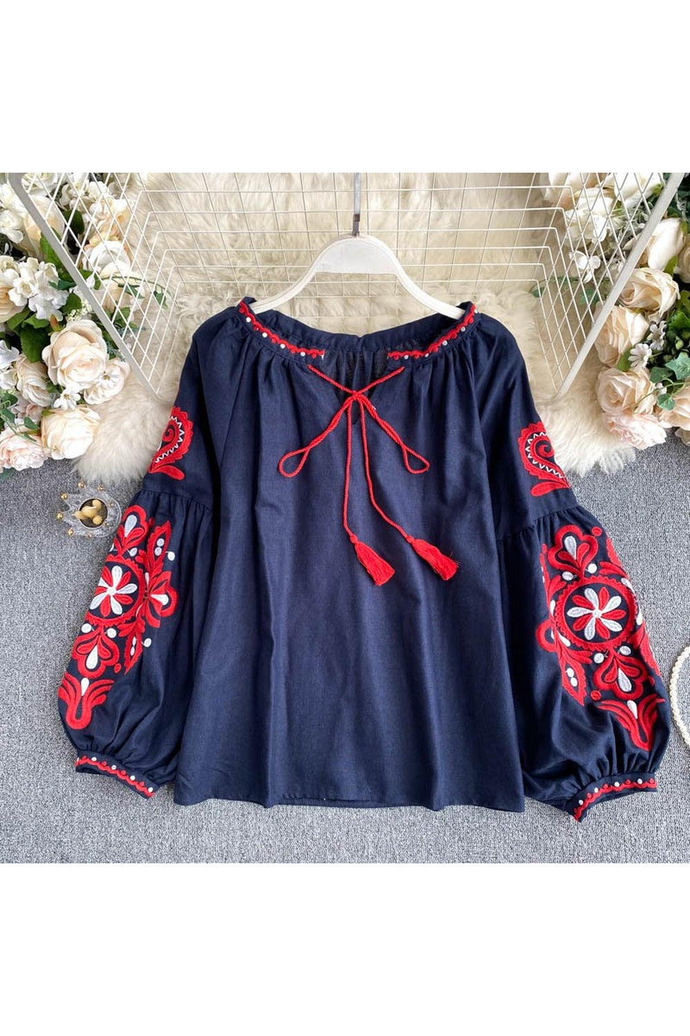 Y2k National Style Embroidered Lace-Up Blouse
