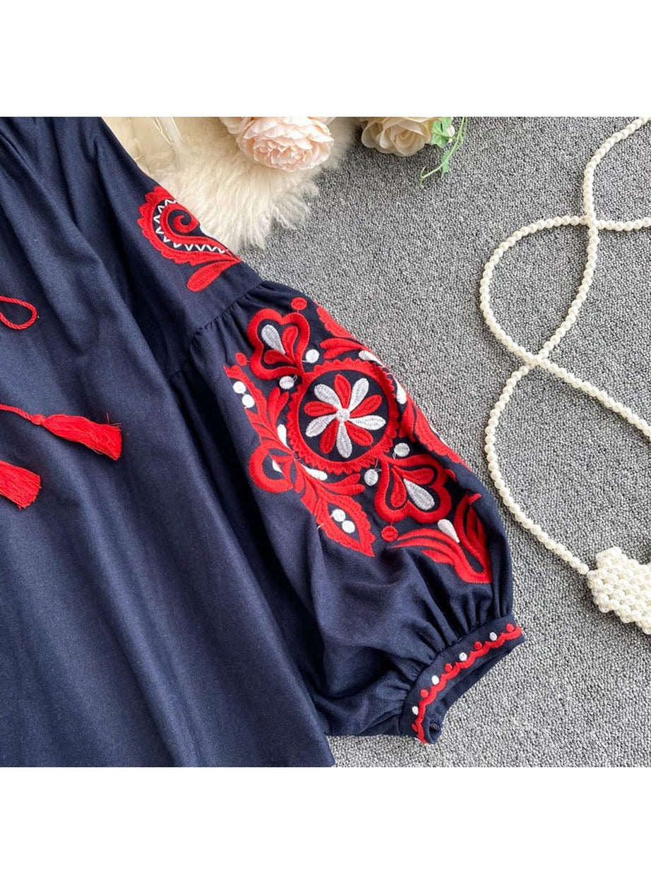 Y2k National Style Embroidered Lace-Up Blouse