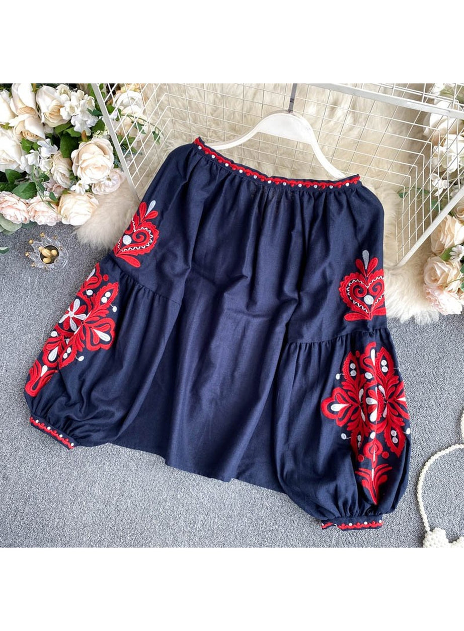 Y2k National Style Embroidered Lace-Up Blouse