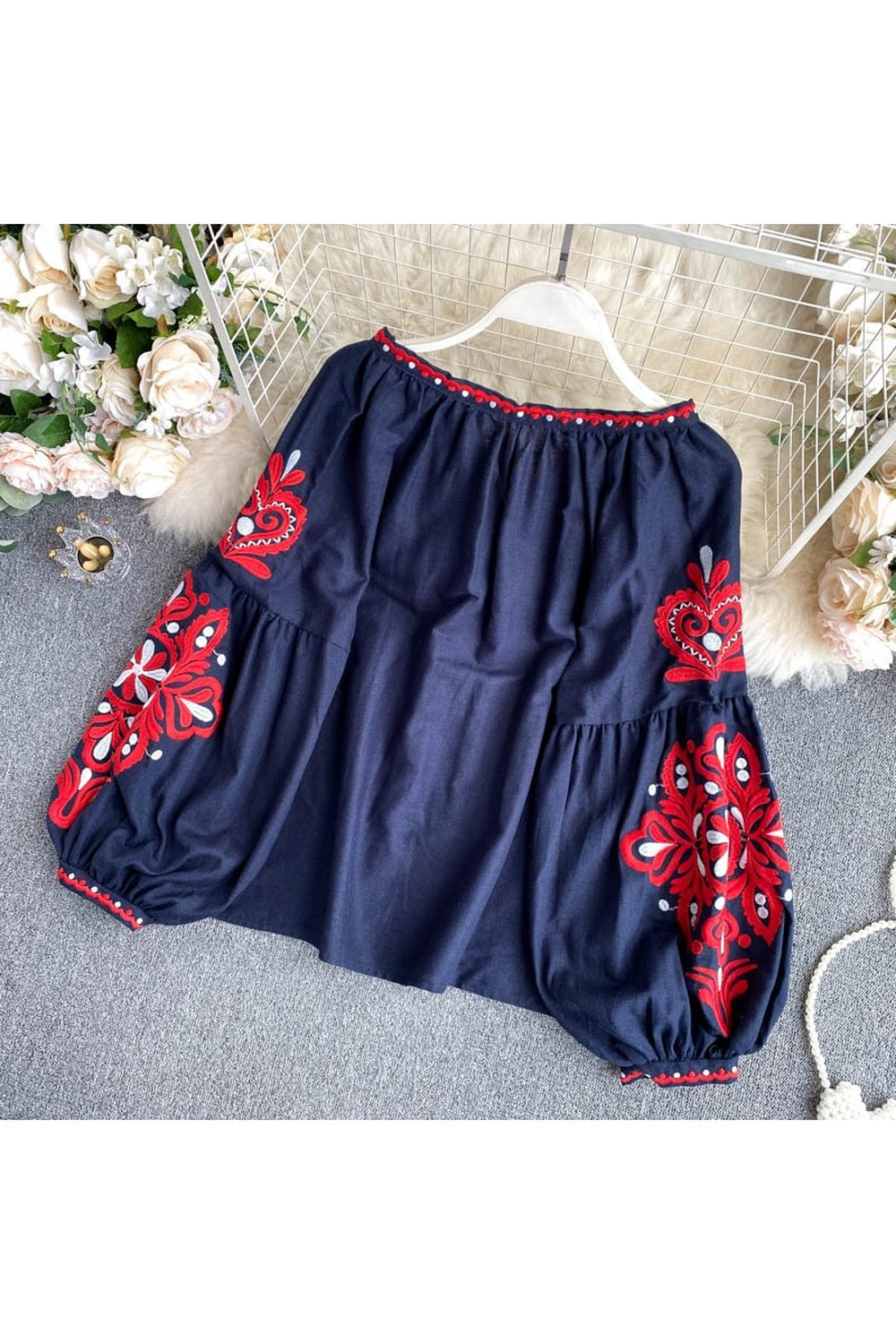 Y2k National Style Embroidered Lace-Up Blouse