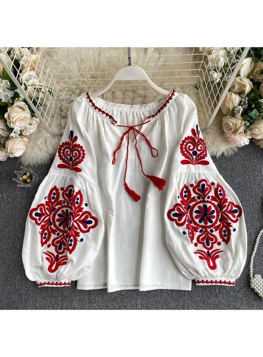 Y2k National Style Embroidered Lace-Up Blouse