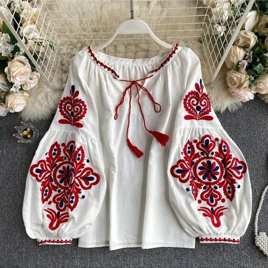 Y2k National Style Embroidered Lace-Up Blouse