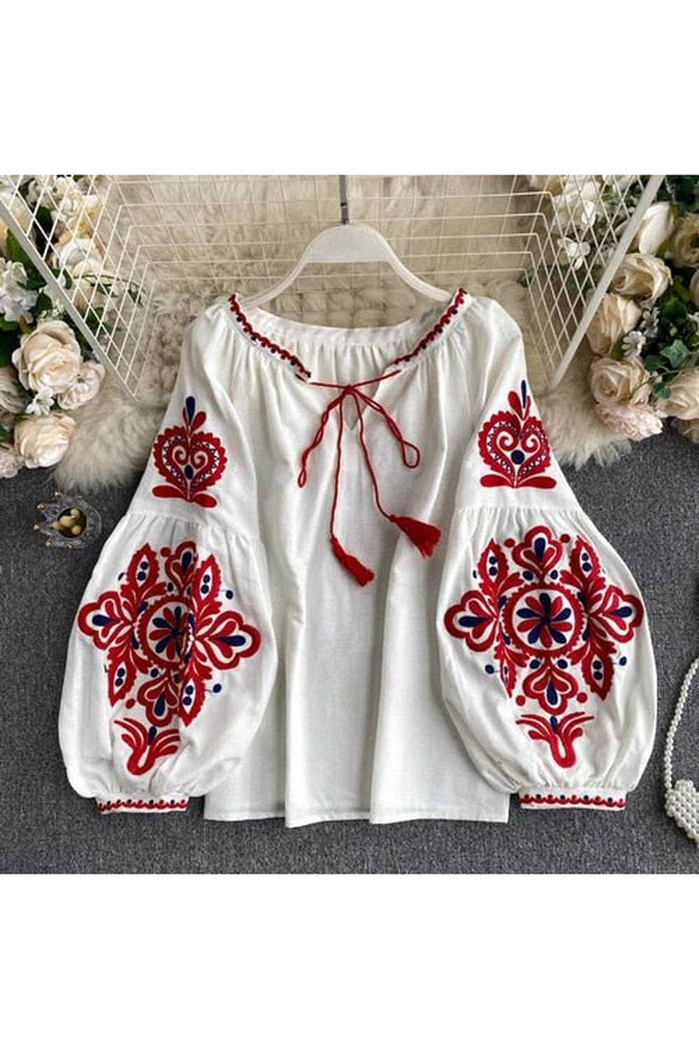 Y2k National Style Embroidered Lace-Up Blouse