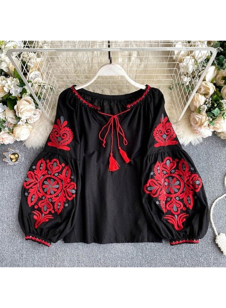 Y2k National Style Embroidered Lace-Up Blouse