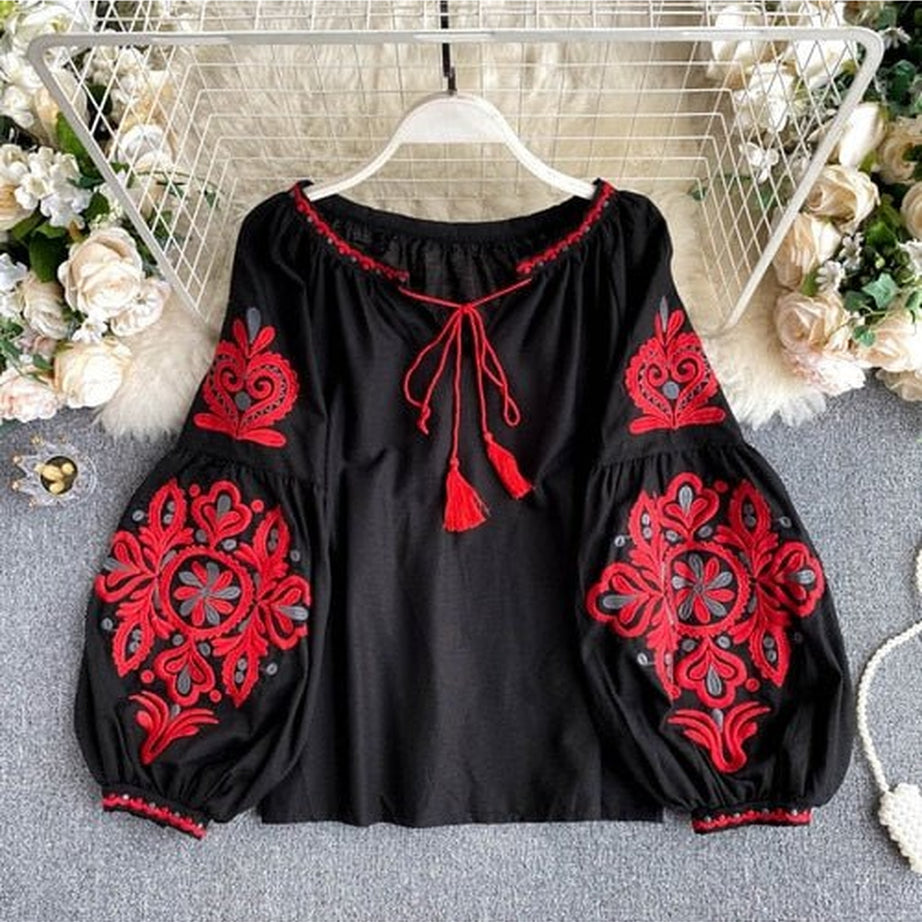 Y2k National Style Embroidered Lace-Up Blouse
