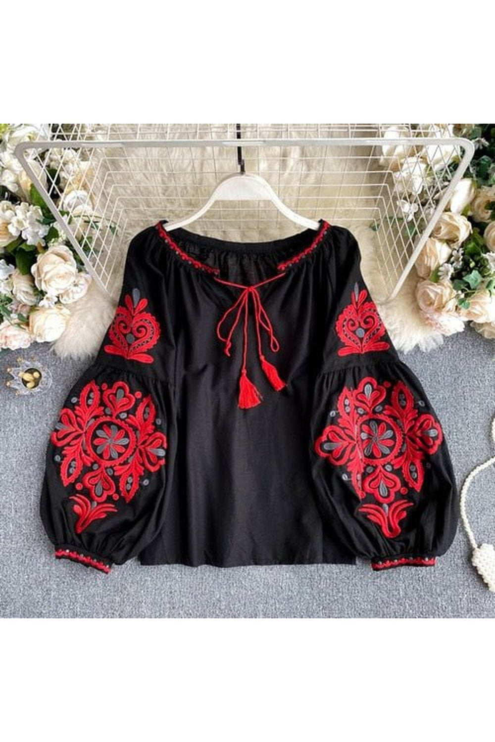Y2k National Style Embroidered Lace-Up Blouse