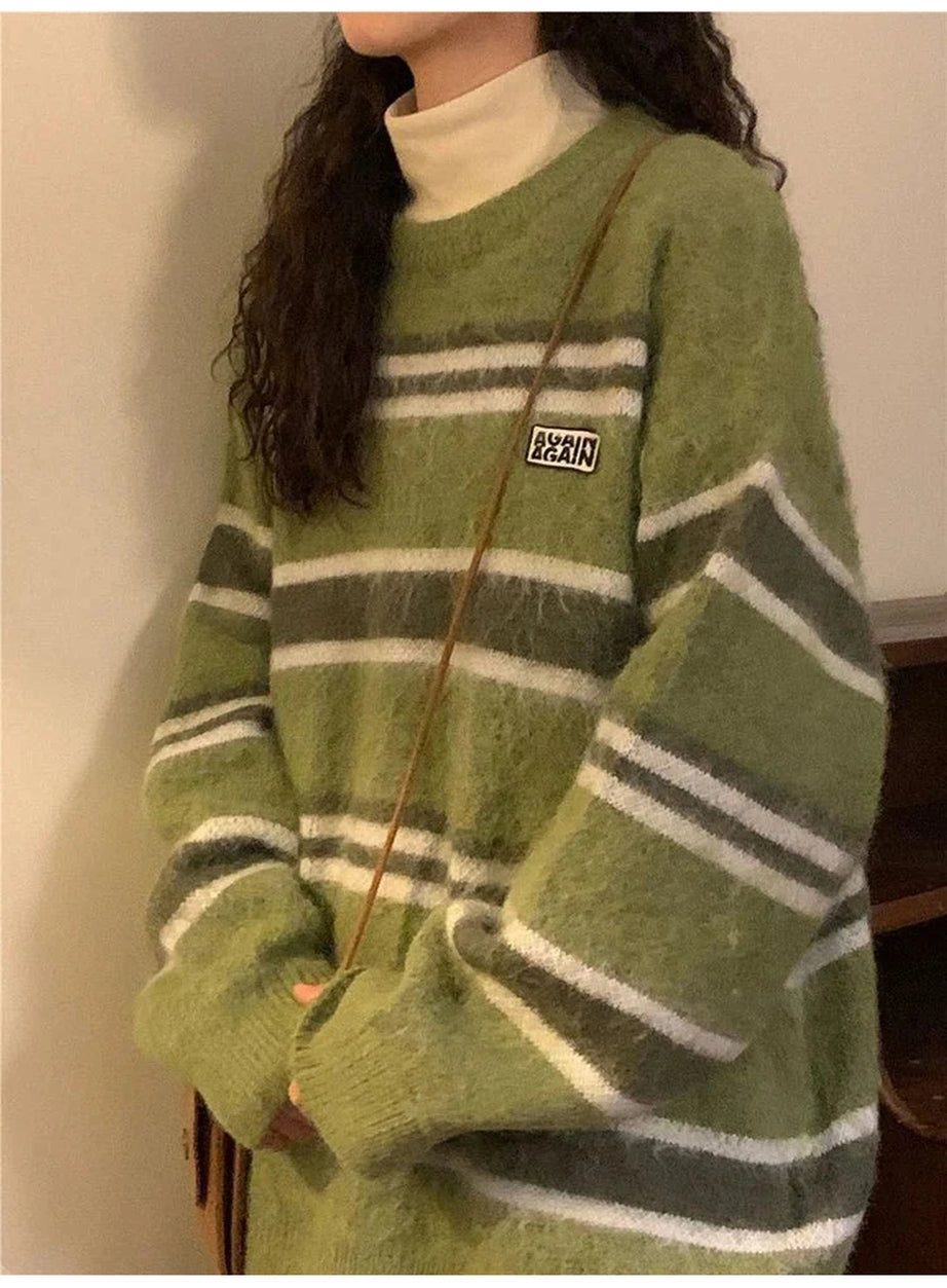 Y2k O Neck Striped Sweater