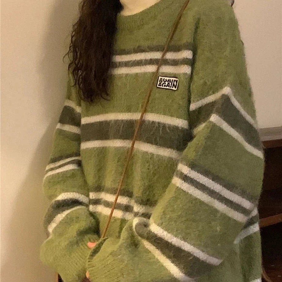 Y2k O Neck Striped Sweater