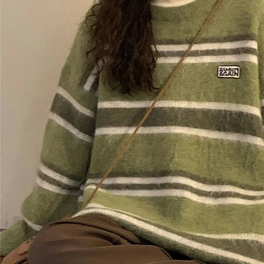 Y2k O Neck Striped Sweater