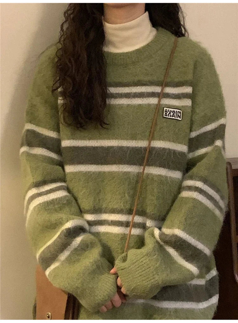 Y2k O Neck Striped Sweater