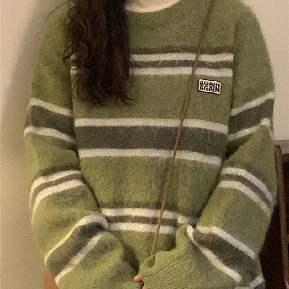 Y2k O Neck Striped Sweater