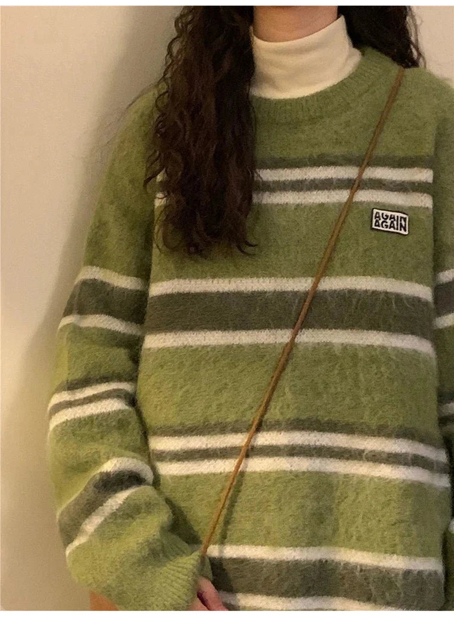 Y2k O Neck Striped Sweater
