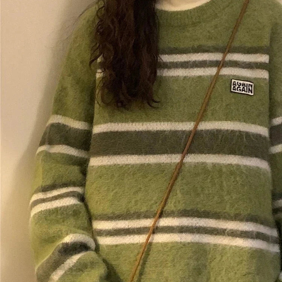 Y2k O Neck Striped Sweater