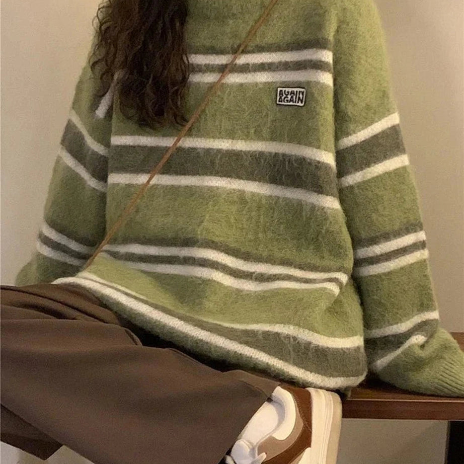 Y2k O Neck Striped Sweater