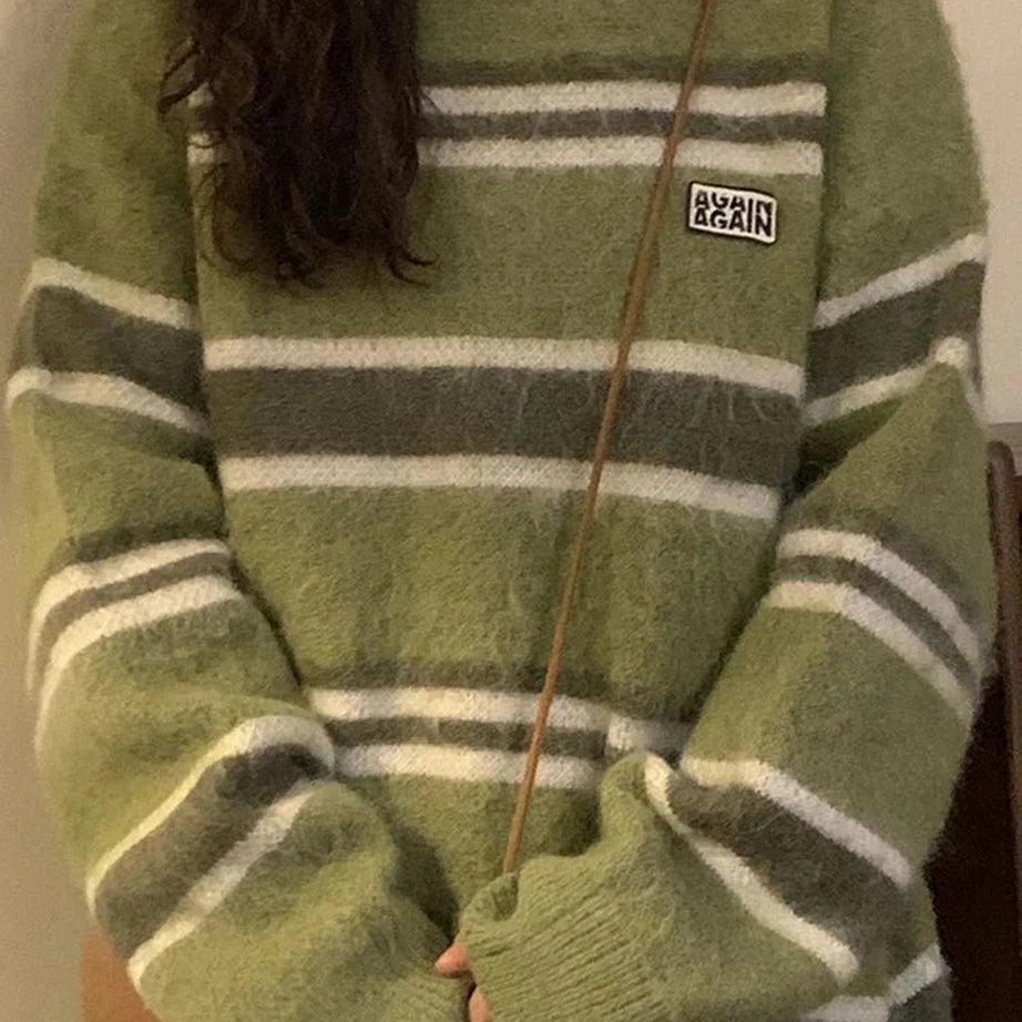 Y2k O Neck Striped Sweater