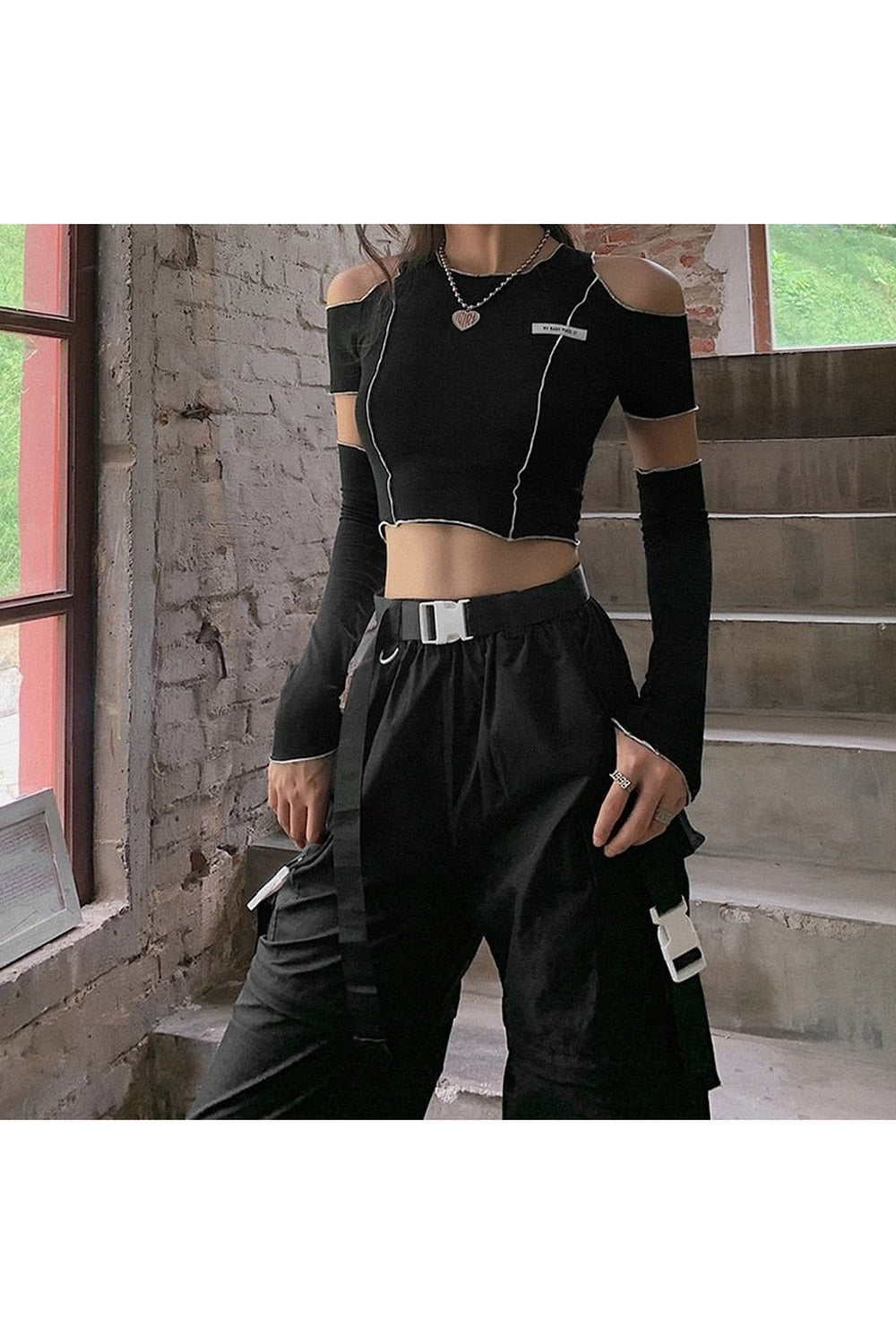 Y2k Open Shoulder Sleeve Crop Top