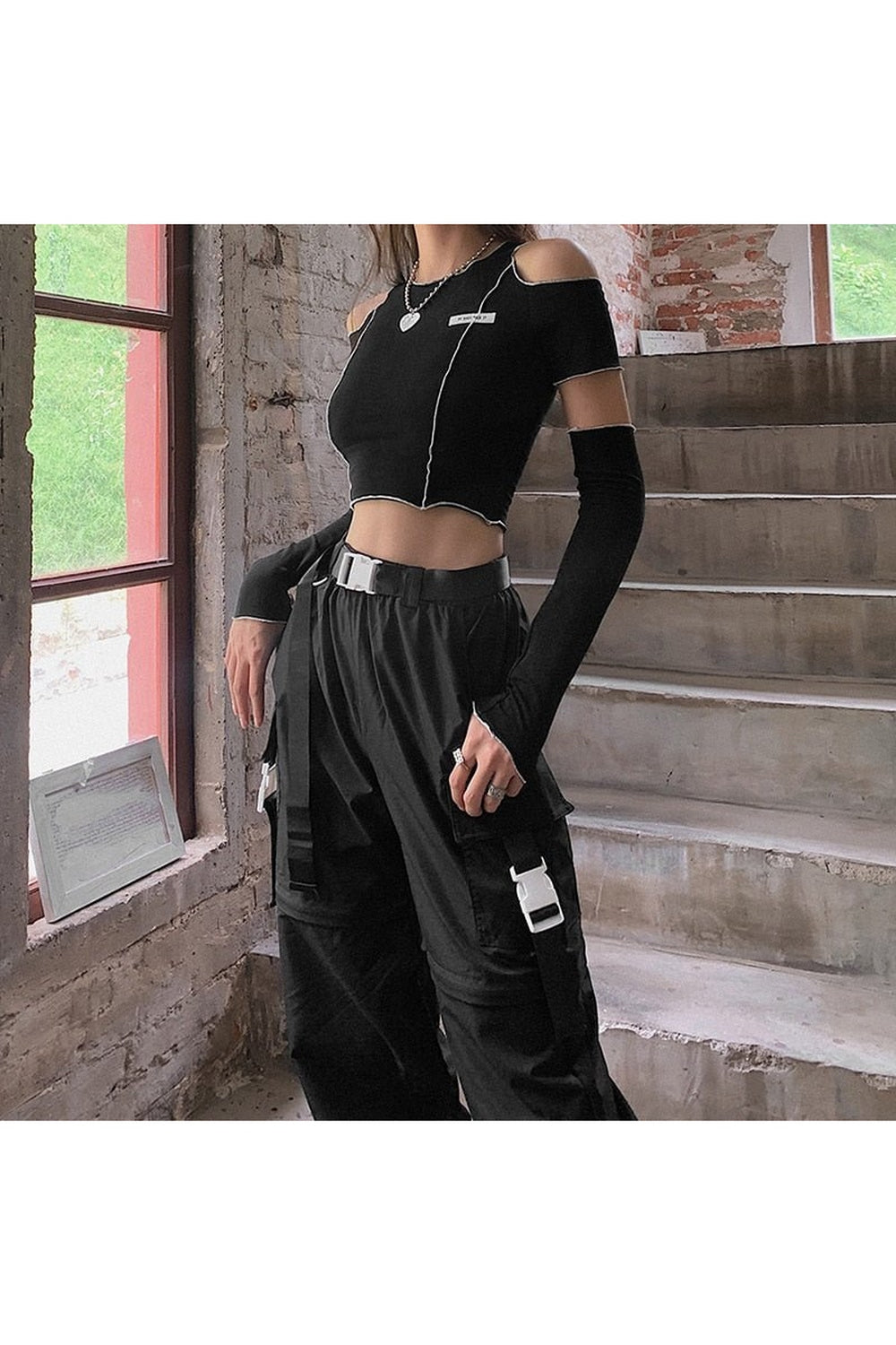 Y2k Open Shoulder Sleeve Crop Top