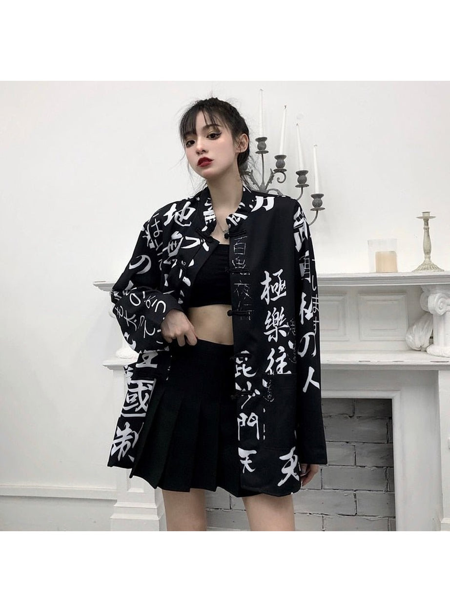 Y2k Oversize Hieroglyphs print Blouse