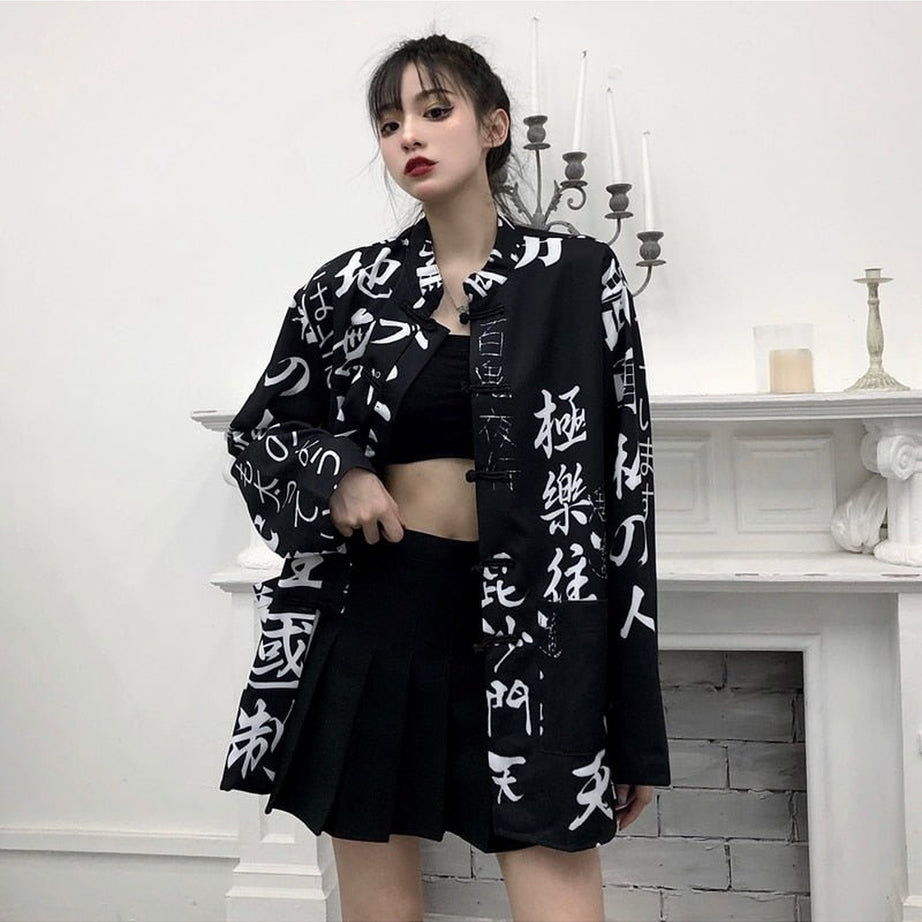 Y2k Oversize Hieroglyphs print Blouse