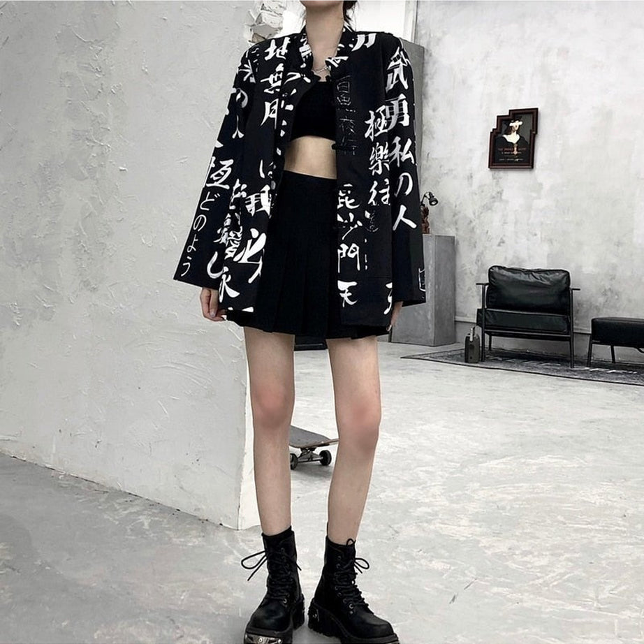 Y2k Oversize Hieroglyphs print Blouse