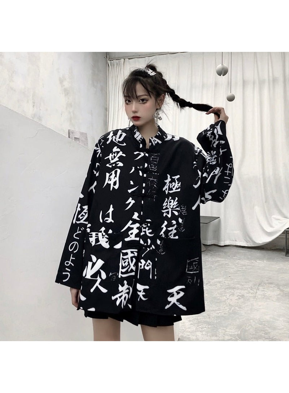 Y2k Oversize Hieroglyphs print Blouse