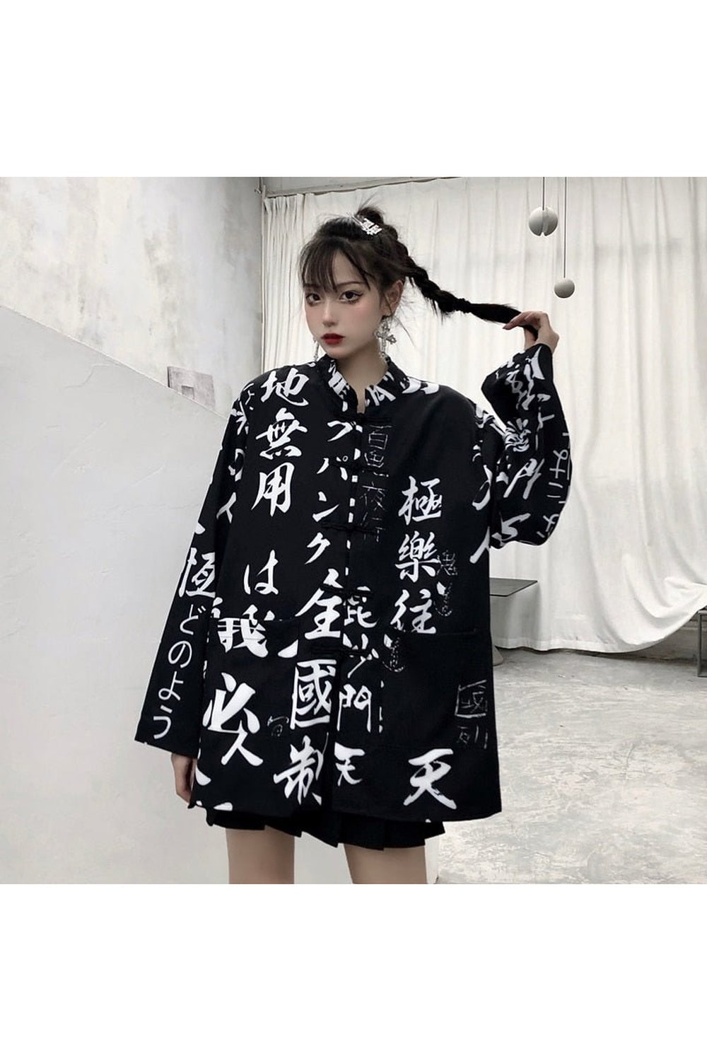 Y2k Oversize Hieroglyphs print Blouse