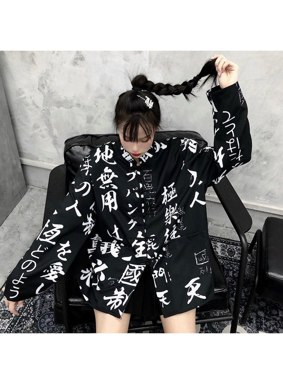 Y2k Oversize Hieroglyphs print Blouse