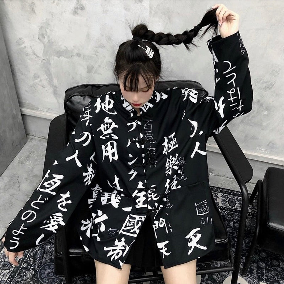 Y2k Oversize Hieroglyphs print Blouse