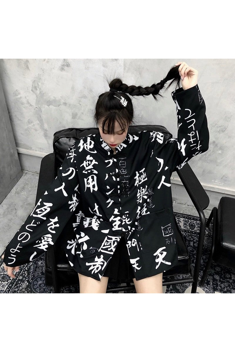 Y2k Oversize Hieroglyphs print Blouse