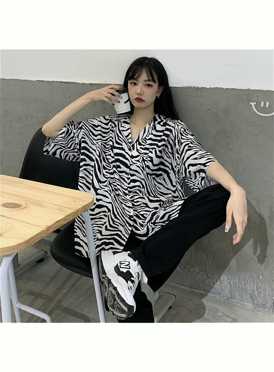 Y2k Oversize Simple Print Blouse