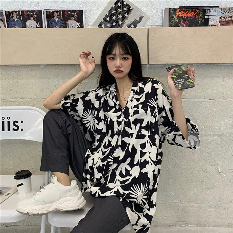 Y2k Oversize Simple Print Blouse