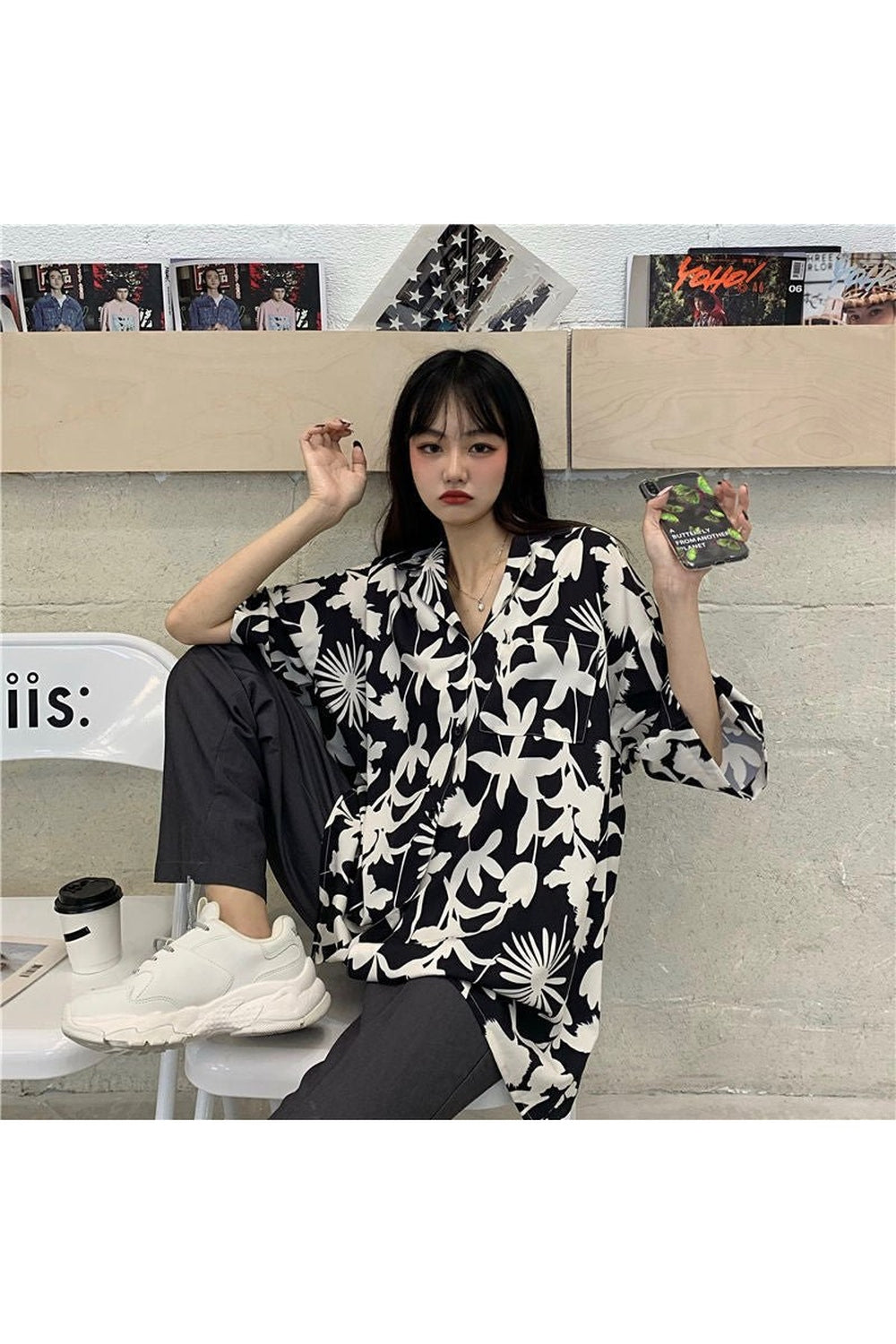 Y2k Oversize Simple Print Blouse