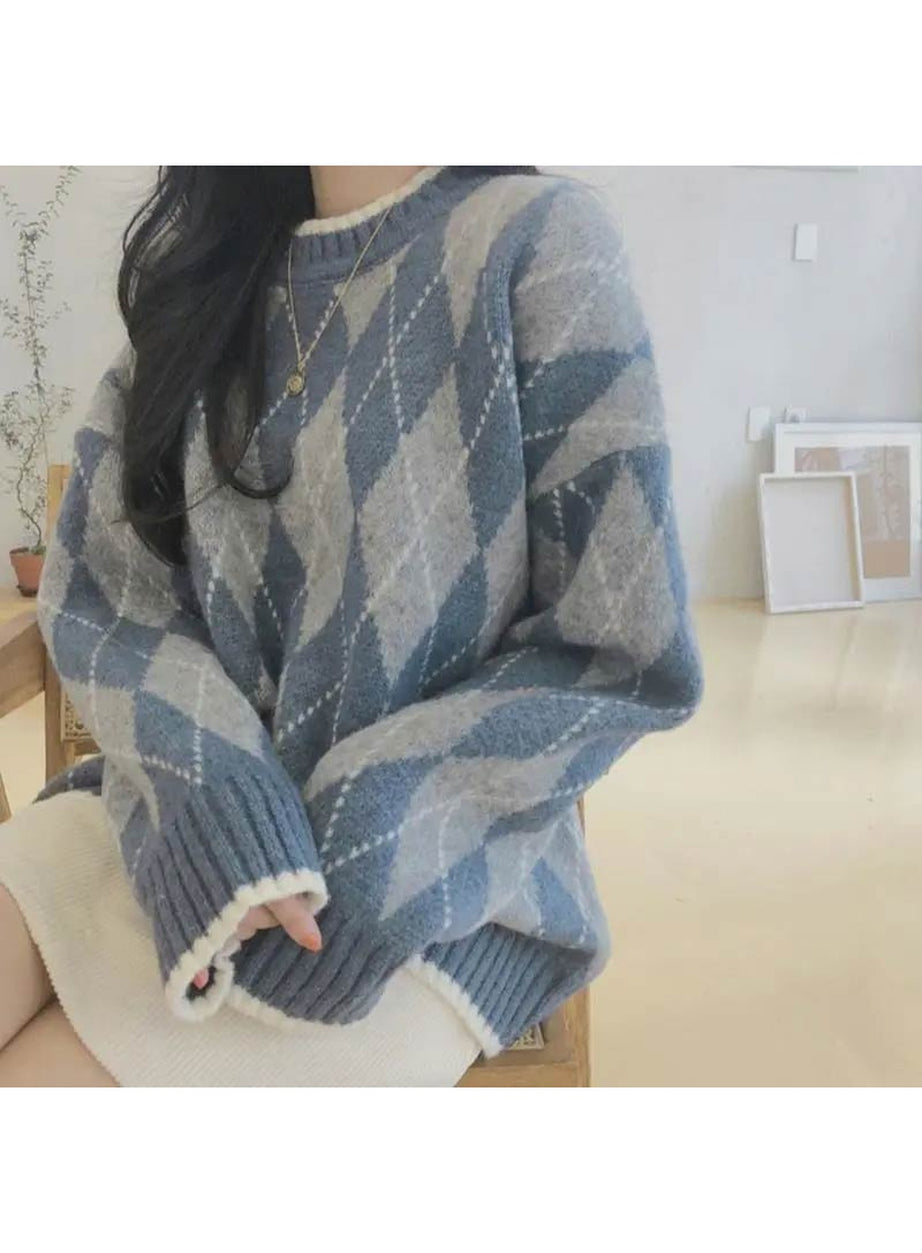 Y2k Oversized Argyle Sweater